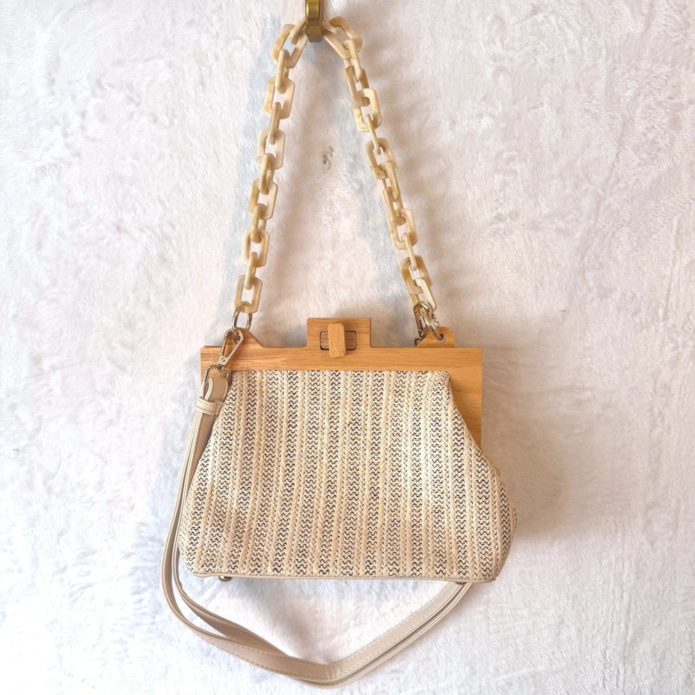 Woven Straw Clutch‎ Wood Frame Bag Acrylic Chain Crossbody Cream Boho